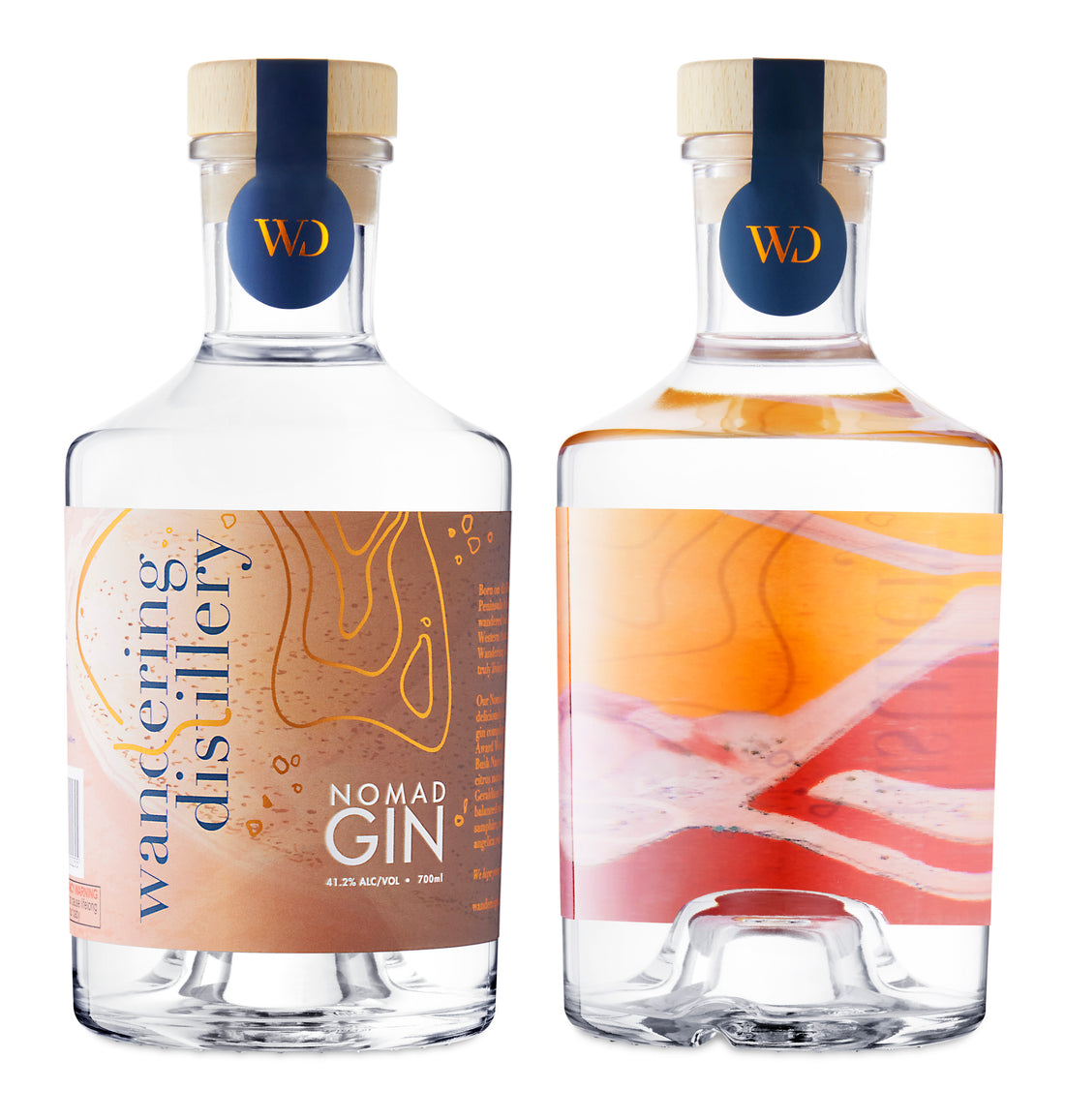 Nomad Gin Gold Medal winning Gin from Wandering Distillery. Front and back of bottle on a white background
